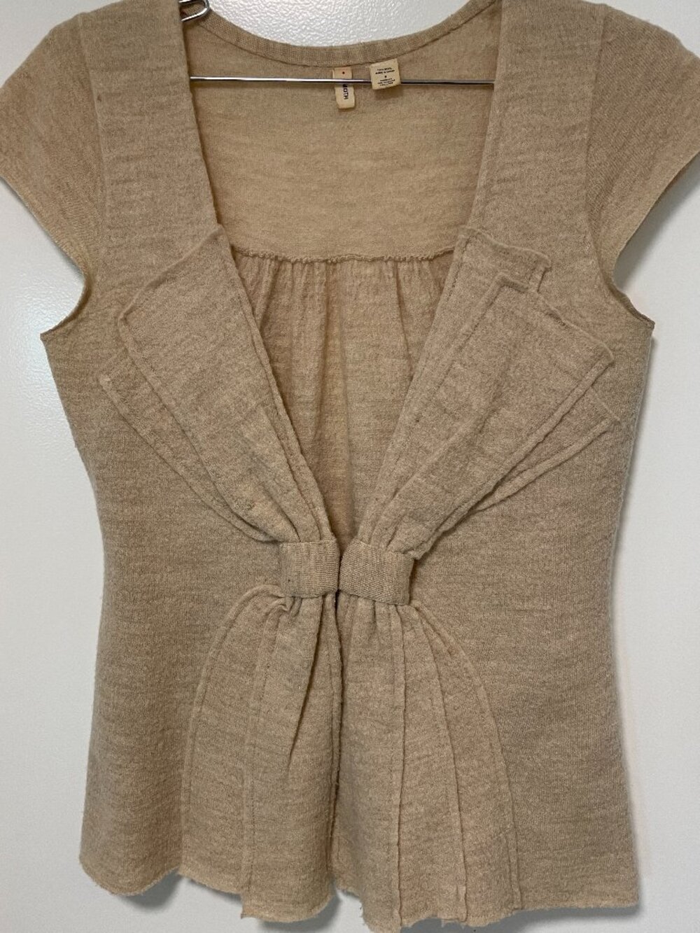 Anthropologie MOTH Wool Sweater Vest, Tan/Cream, Bow Detail. Size S